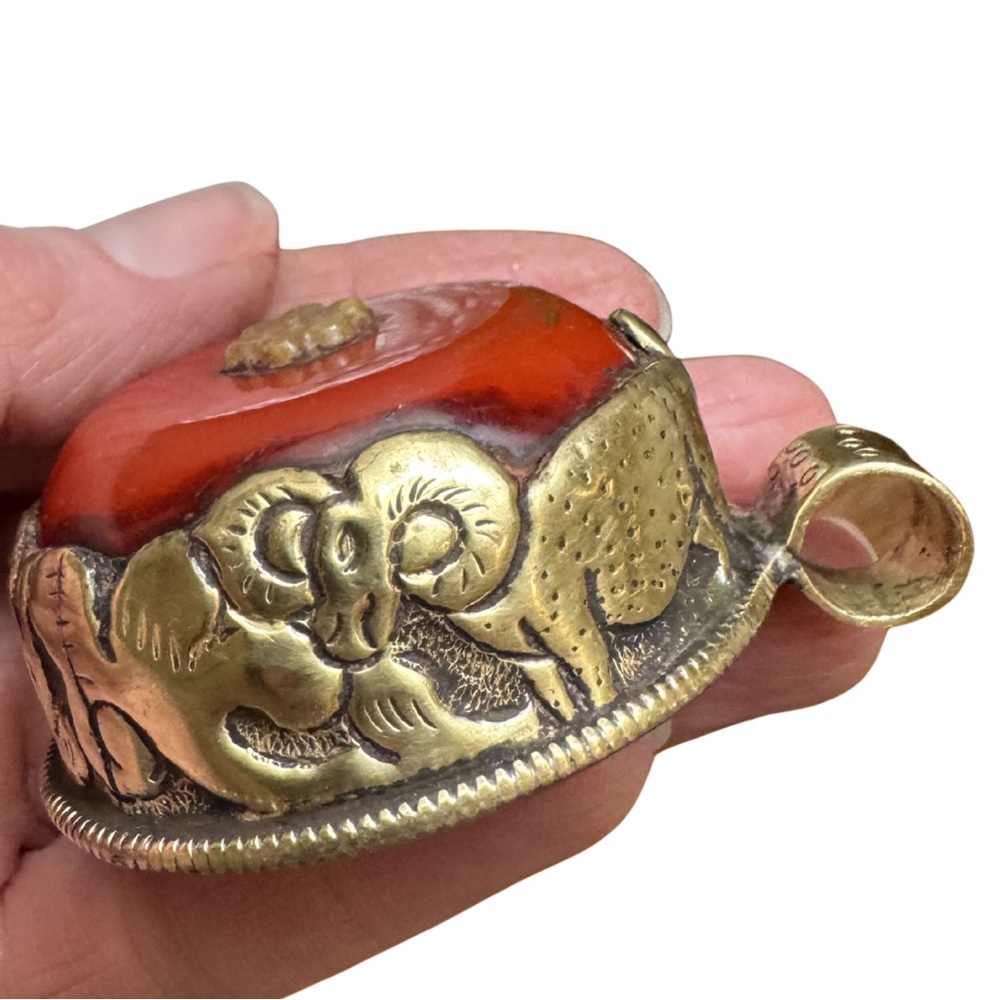 Handcrafted Brass and Red Coral Ram Motif Pendant
